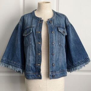 1. State Denim Jacket 3/4 Length Flared Frayed Sleeve Button Front Blue M NWT